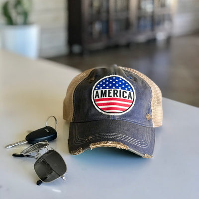 America vintage style distressed trucker hat cap navy