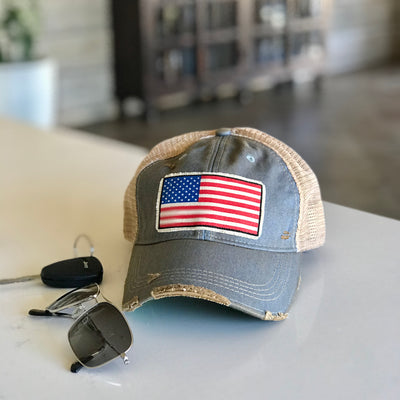 American flag vintage style distressed trucker hat cap lt. blue, American flag baseball cap, American flag patched vintage style trucker cap