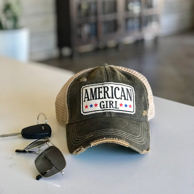 American girl vintage style distressed trucker hat cap black
