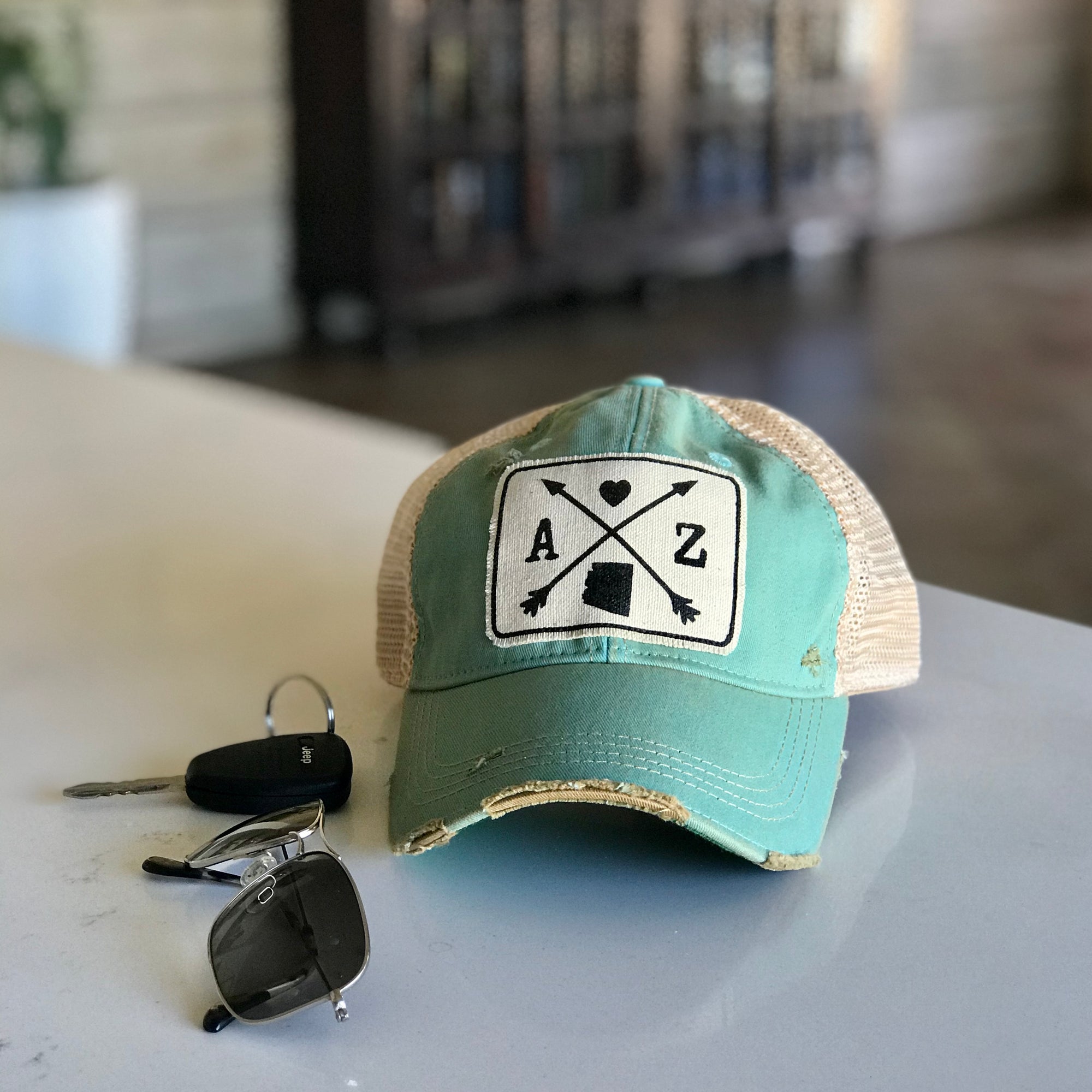 Arizona state vintage style distressed trucker hat cap aqua