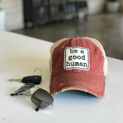 be a good human distressed trucker hat, be a good human vintage style trucker cap, be good human distressed baseball cap