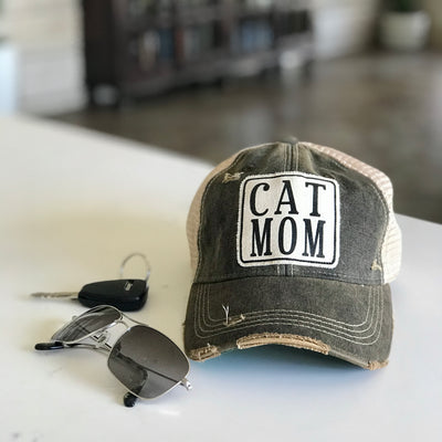 cat mom distressed trucker hat, cat mom vintage style trucker cap, cat mom baseball cap