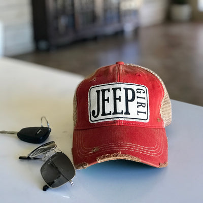 jeep girl distressed trucker hat cap, jeep girl vintage style trucker hat cap, jeep girl baseball cap, jeep girl red cap, jeep hat