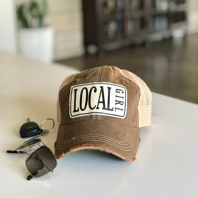 local girl distressed trucker hat, local girl vintage style trucker hat, local girl baseball cap, local girl hat cap
