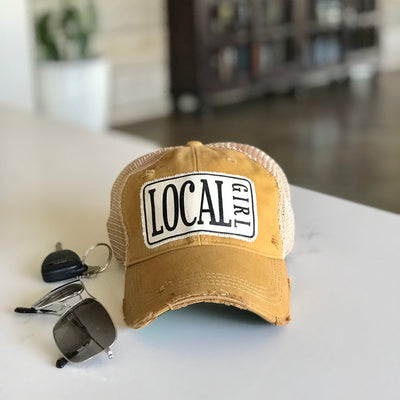 local girl distressed trucker hat cap, local girl vintage style trucker hat cap, local girl baseball cap, local girl hat cap