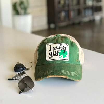 lucky girl distressed trucker hat cap, lucky girl vintage style trucker hat cap, lucky girl baseball cap, lucky girl cap, lucky girl green hat