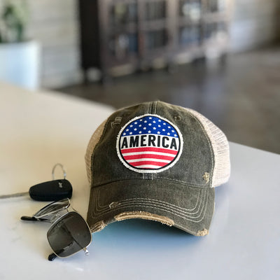 America vintage style distressed trucker hat cap black