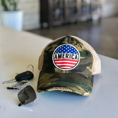 America vintage style distressed trucker hat cap camo