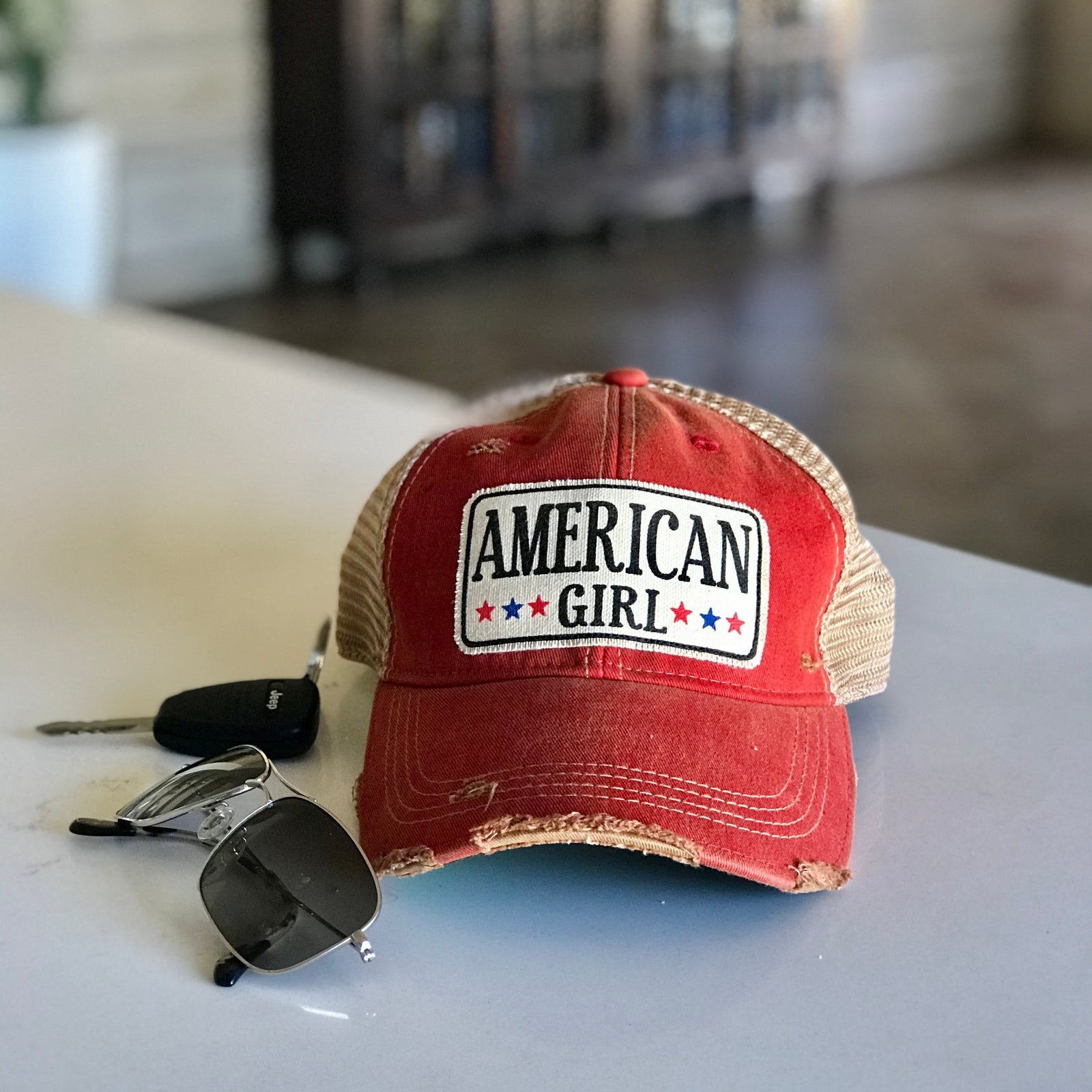 American girl vintage style distressed trucker hat cap red, American girl vintage style trucker cap, American girl patched baseball cap