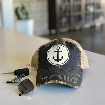 Anchor vintage style distressed trucker hat cap navy