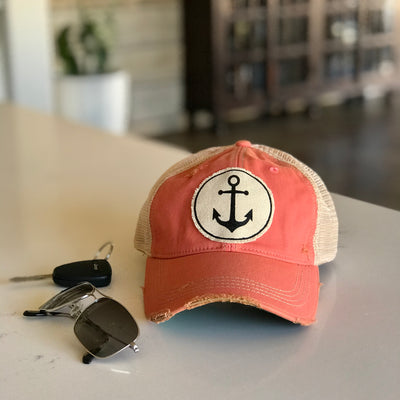 Anchor vintage style distressed trucker hat cap peach