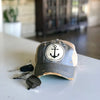 anchor vintage style distressed trucker hat cap lt blue, anchor baseball cap, anchor patched hat