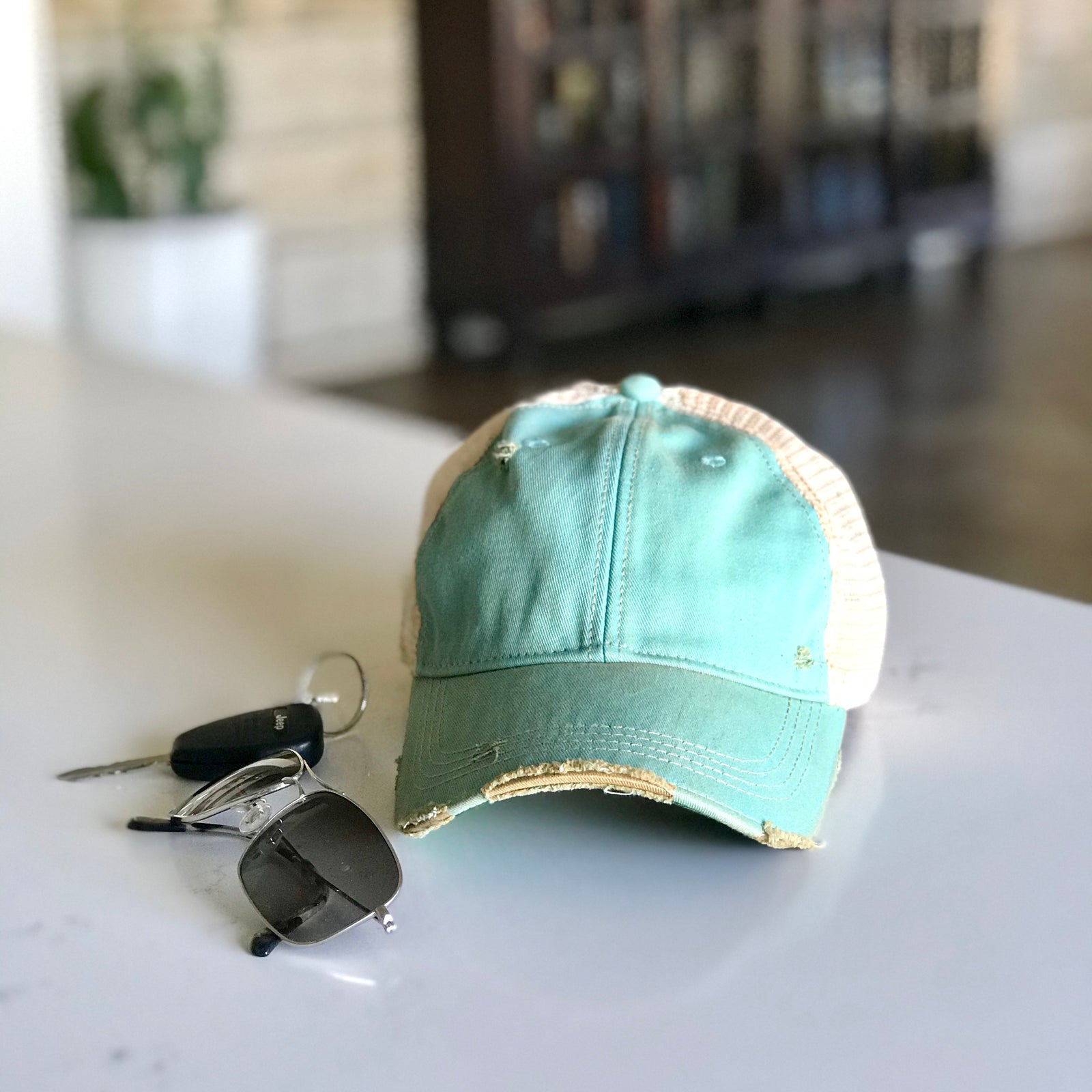 vintage style distressed trucker hat cap aqua