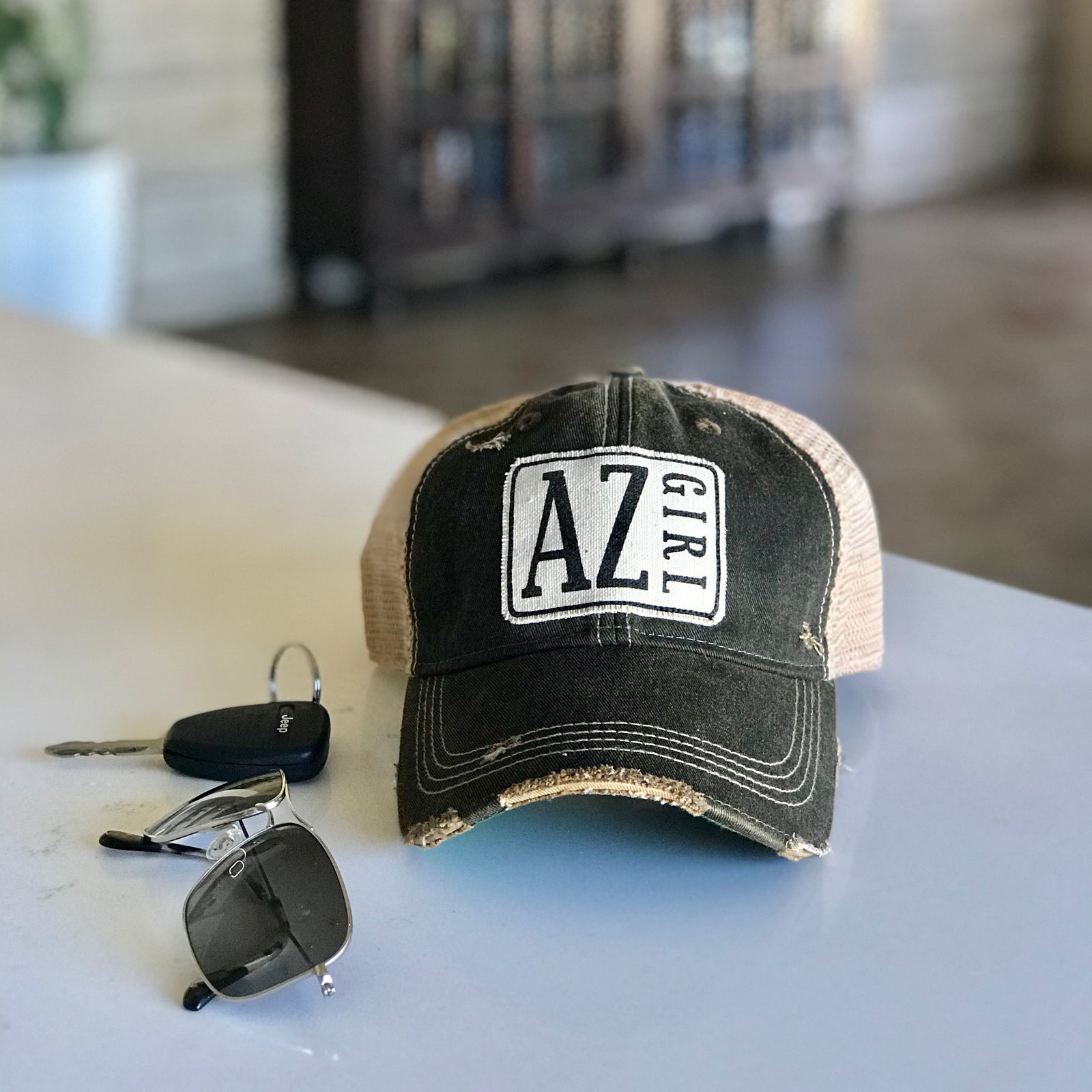 Arizona girl  vintage style distressed trucker hat cap  black