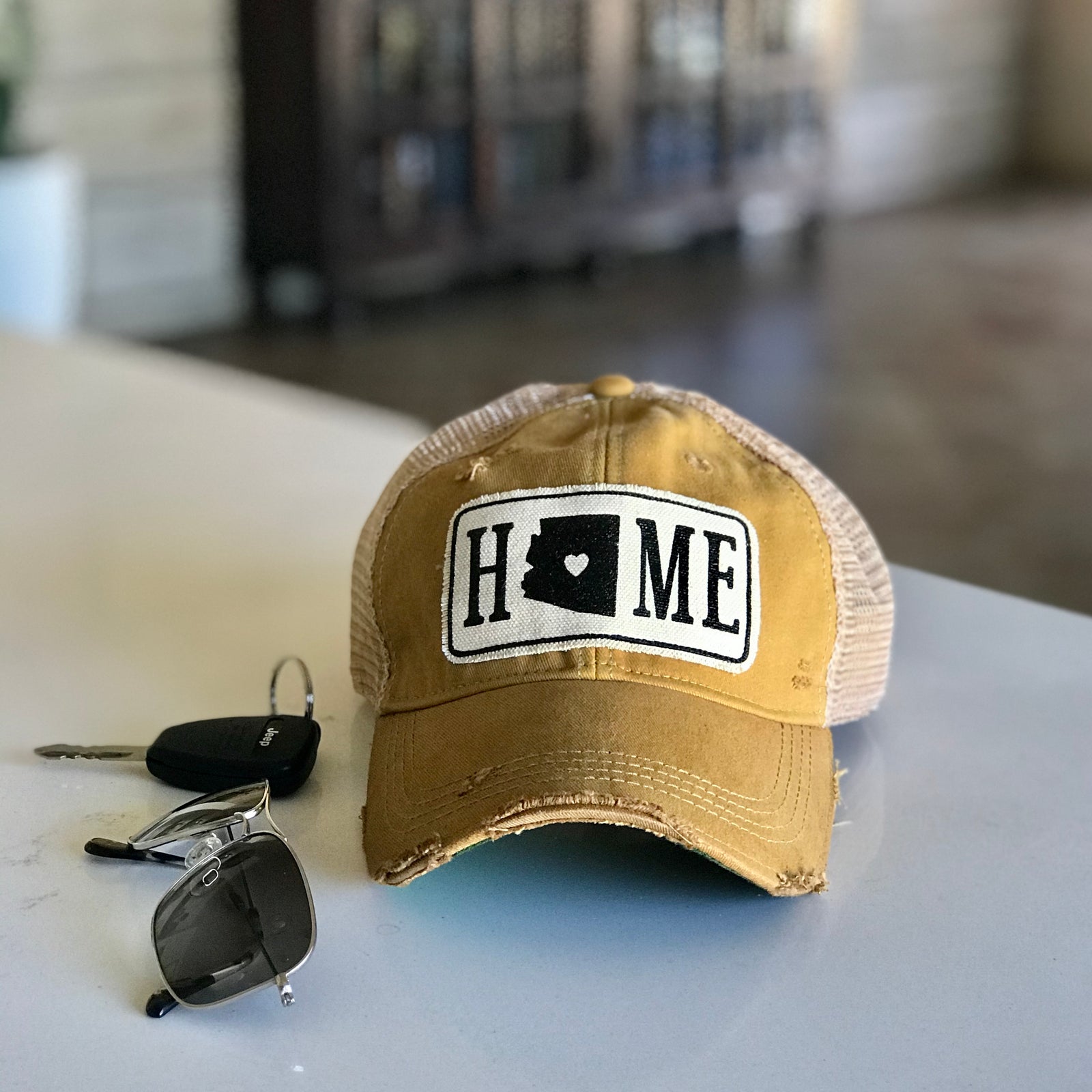 Arizona home  vintage style distressed trucker hat cap yellow