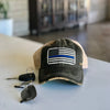 Back the blue flag vintage style distressed trucker hat cap black