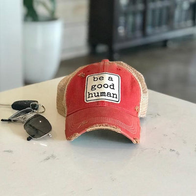 be a good human vintage style distressed trucker hat cap red