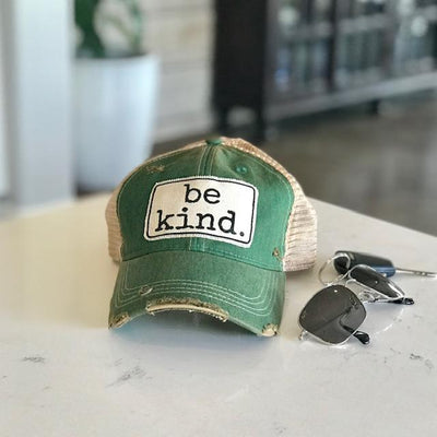 Be kind vintage style distressed trucker hat cap green