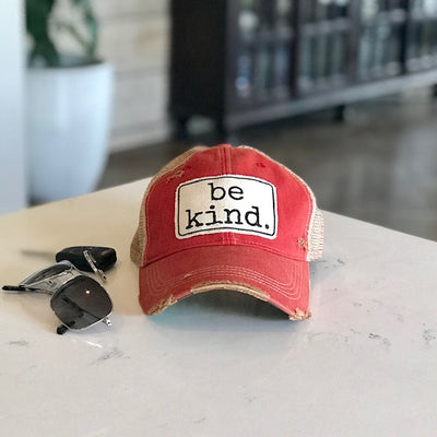 Be kind vintage style distressed trucker hat cap red