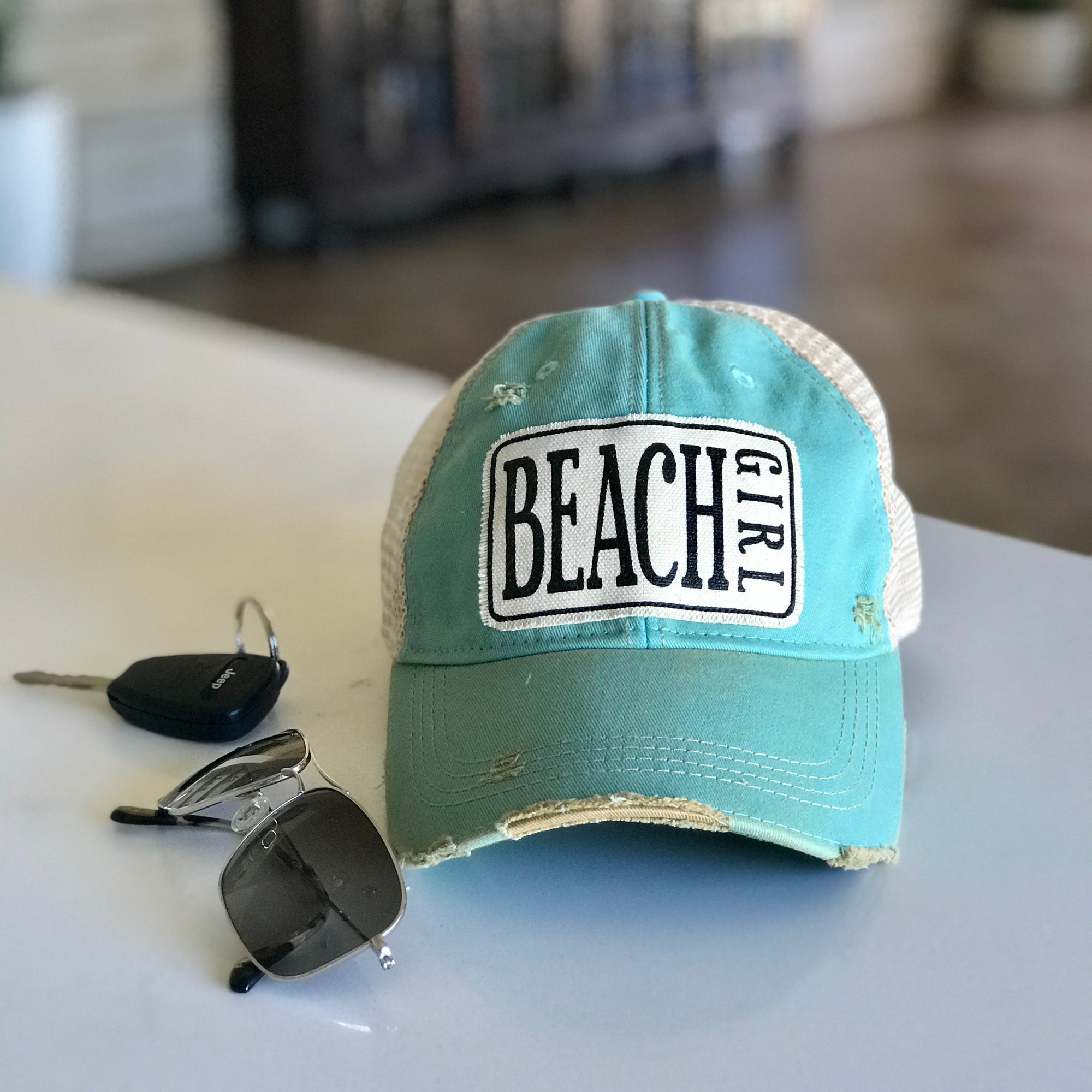 beach girl distressed vintage style trucker hat cap aqua color