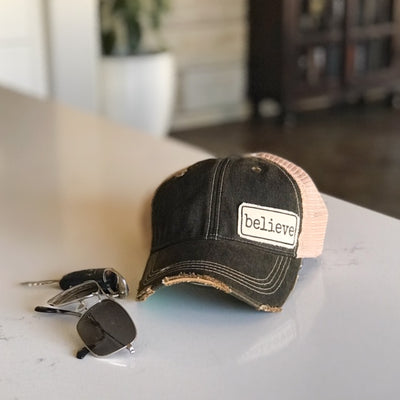 Believe vintage style distressed trucker hat cap black