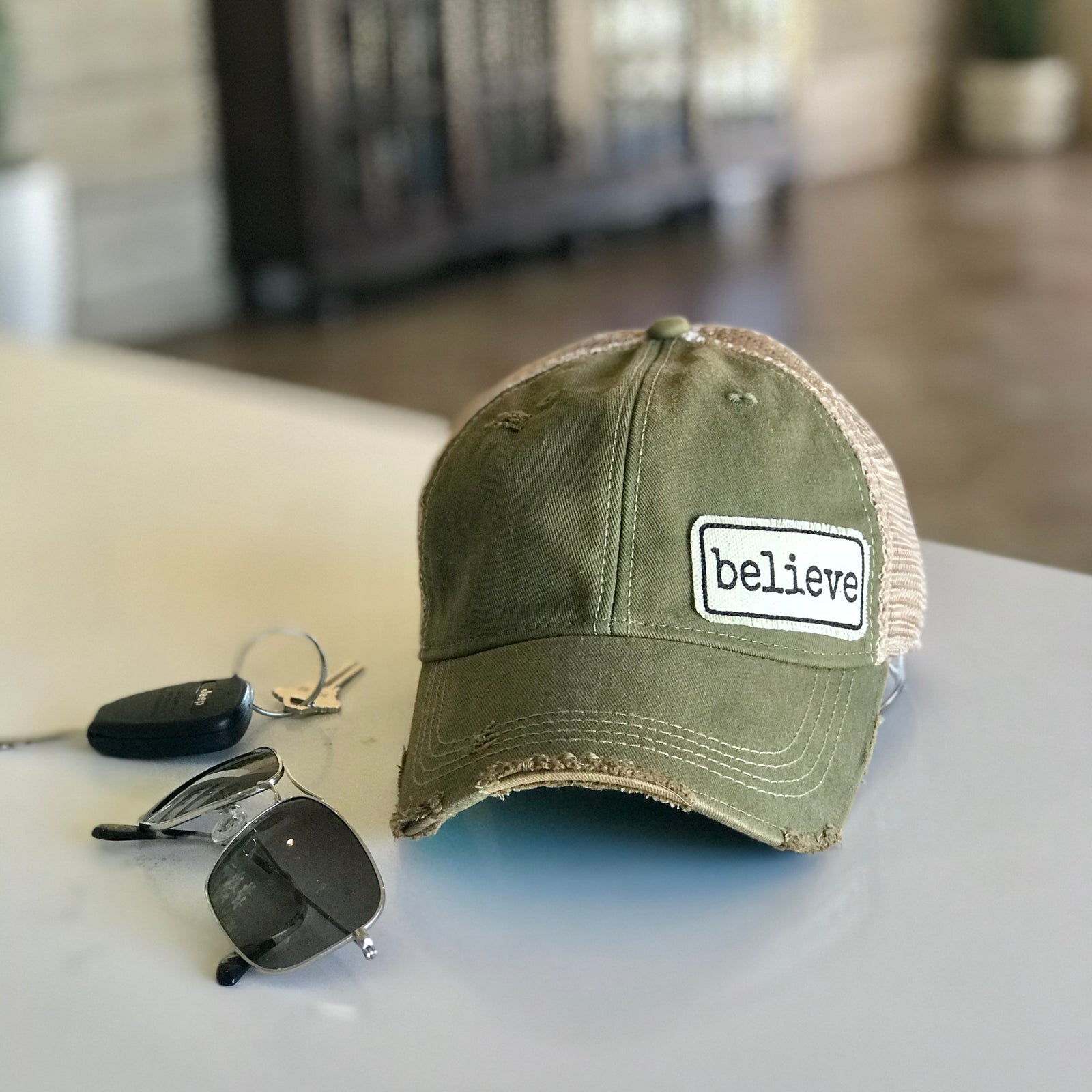 believe distressed trucker hat, Believe vintage style trucker hat, believe distressed baseball cap, one word cap