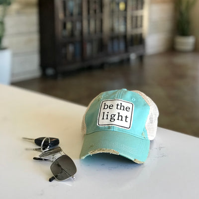 be the light patched hat, be the light distressed trucker cap, be the light baseball cap