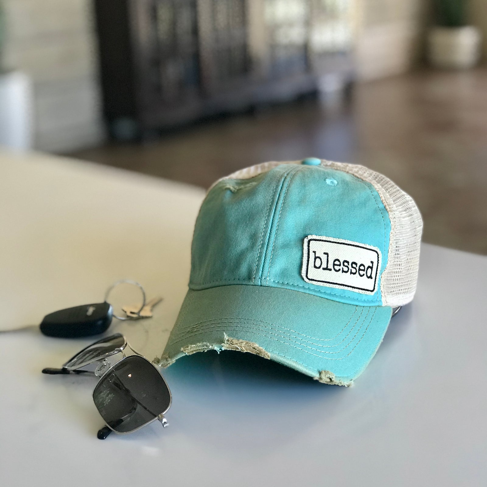 blessed distressed trucker hat, blessed patched vintage style trucker cap, blessed baseball cap