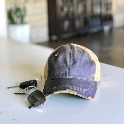 vintage style distressed trucker hat cap blue
