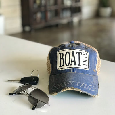 boat girl distressed trucker hat, boat girl vintage style trucker cap, boat girl distressed baseball cap
