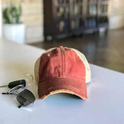 vintage style distressed trucker hat cap cardinal red
