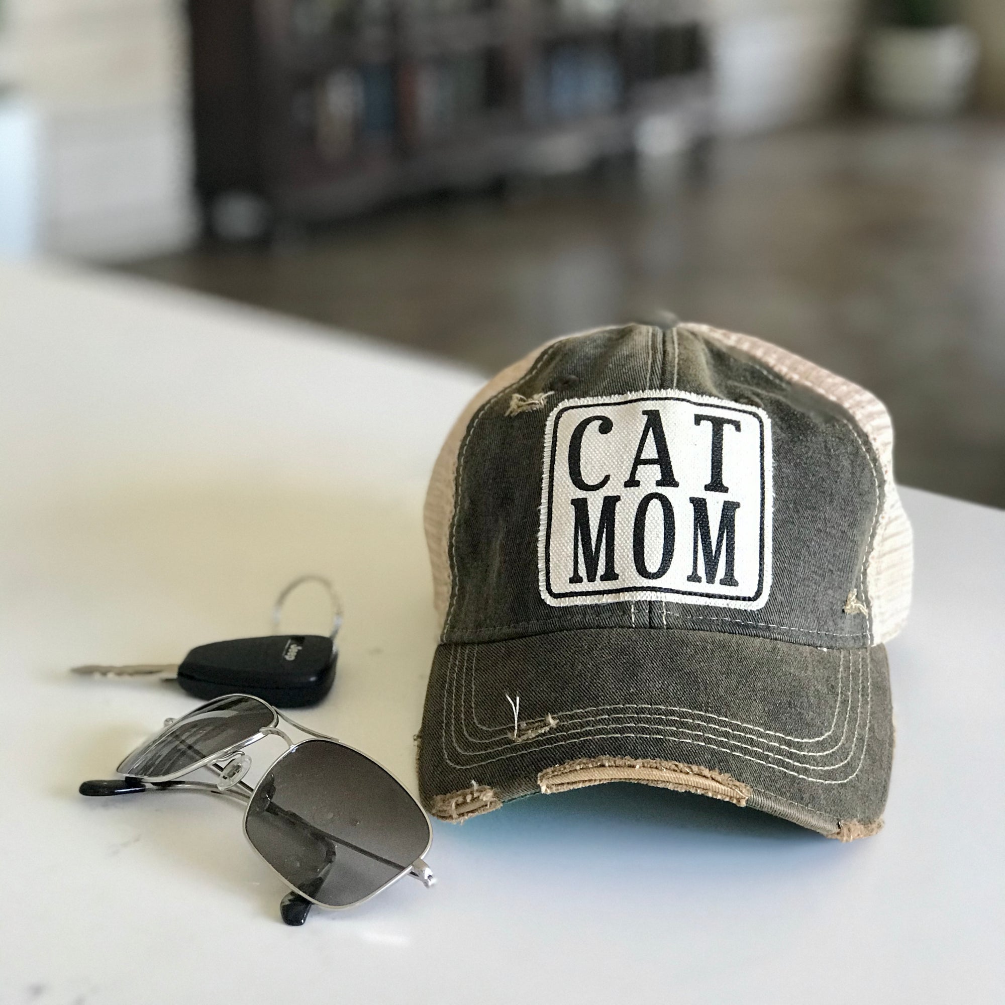 cat mom distressed trucker hat, cat mom vintage style trucker cap, cat mom baseball cap