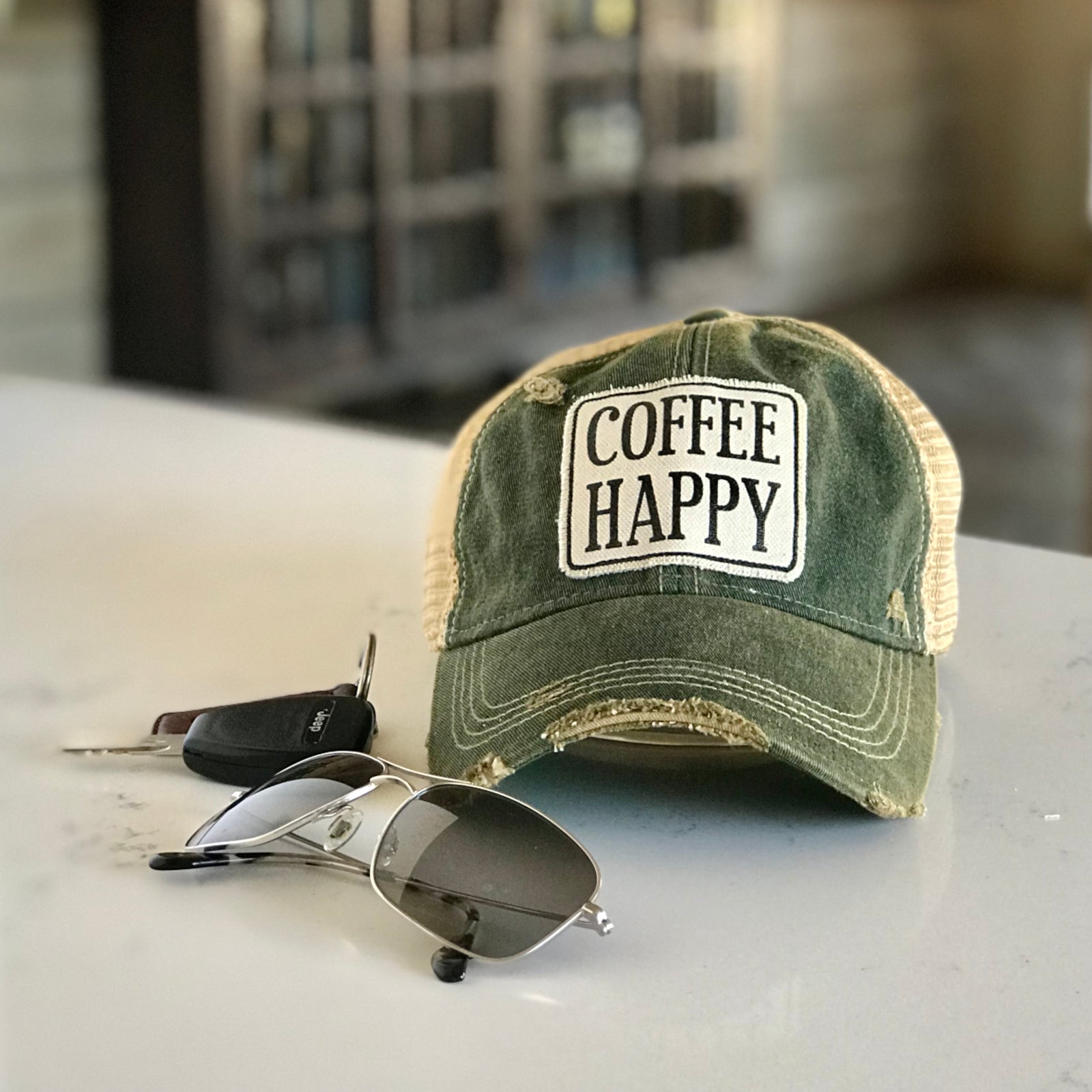 coffee happy distressed trucker cap, coffee happy vintage style trucker cap, coffee happy distressed baseball cap, coffee happy weather cap, coffee happy baseball cap, coffee mom hat, coffee mom cap