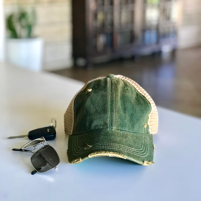 vintage style distressed trucker hat cap dark green