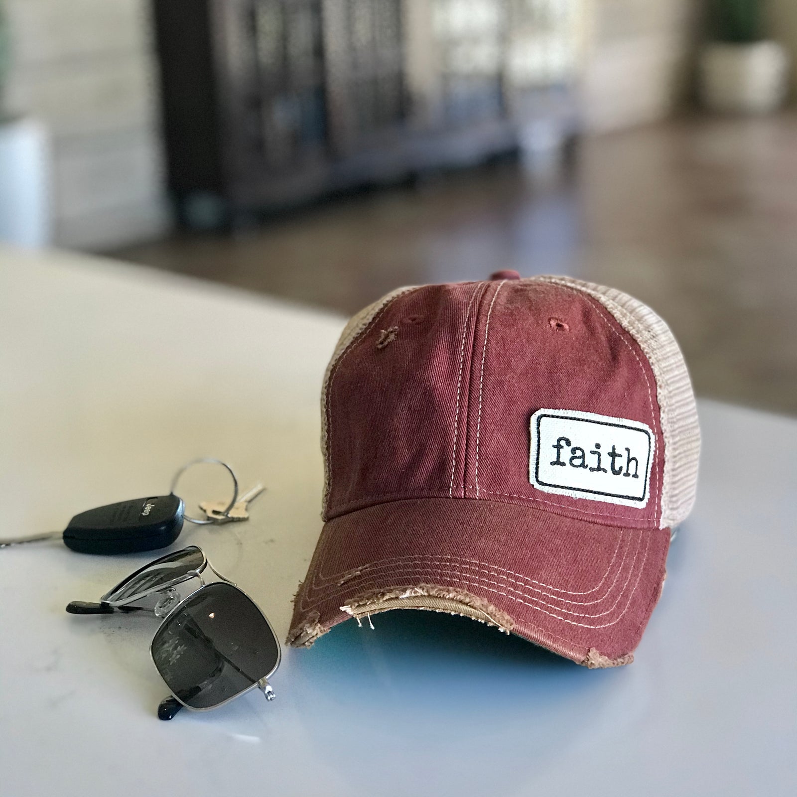 faith patched distressed trucker hat, faith vintage style trucker cap, faith baseball cap
