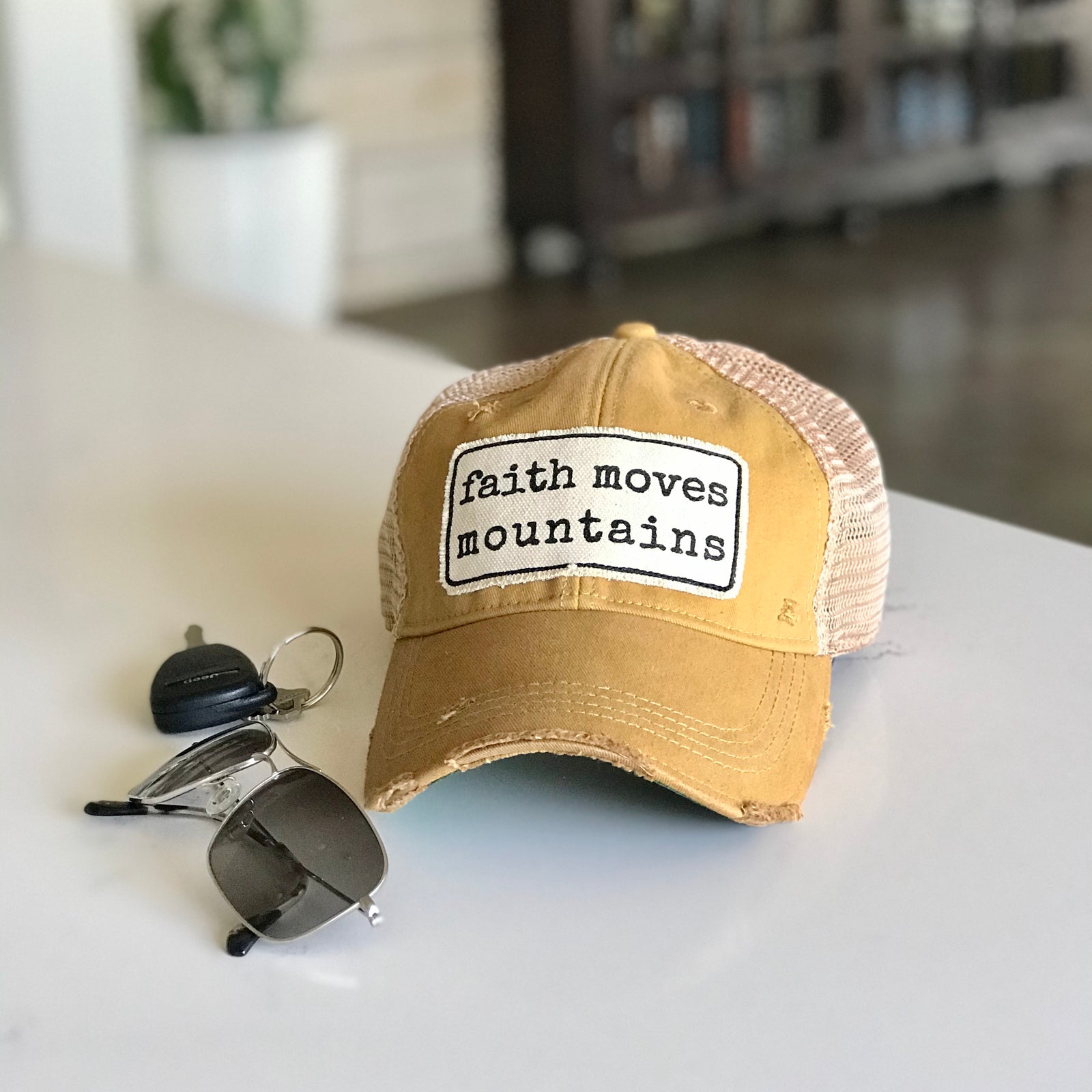 faith move mountains distressed vintage style trucker hat cap