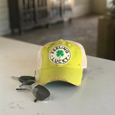 feeling lucky distressed trucker hat, feeling lucky vintage style baseball cap, feeling lucky mom cap, feeling lucky distressed hat, st Patrick's day cap