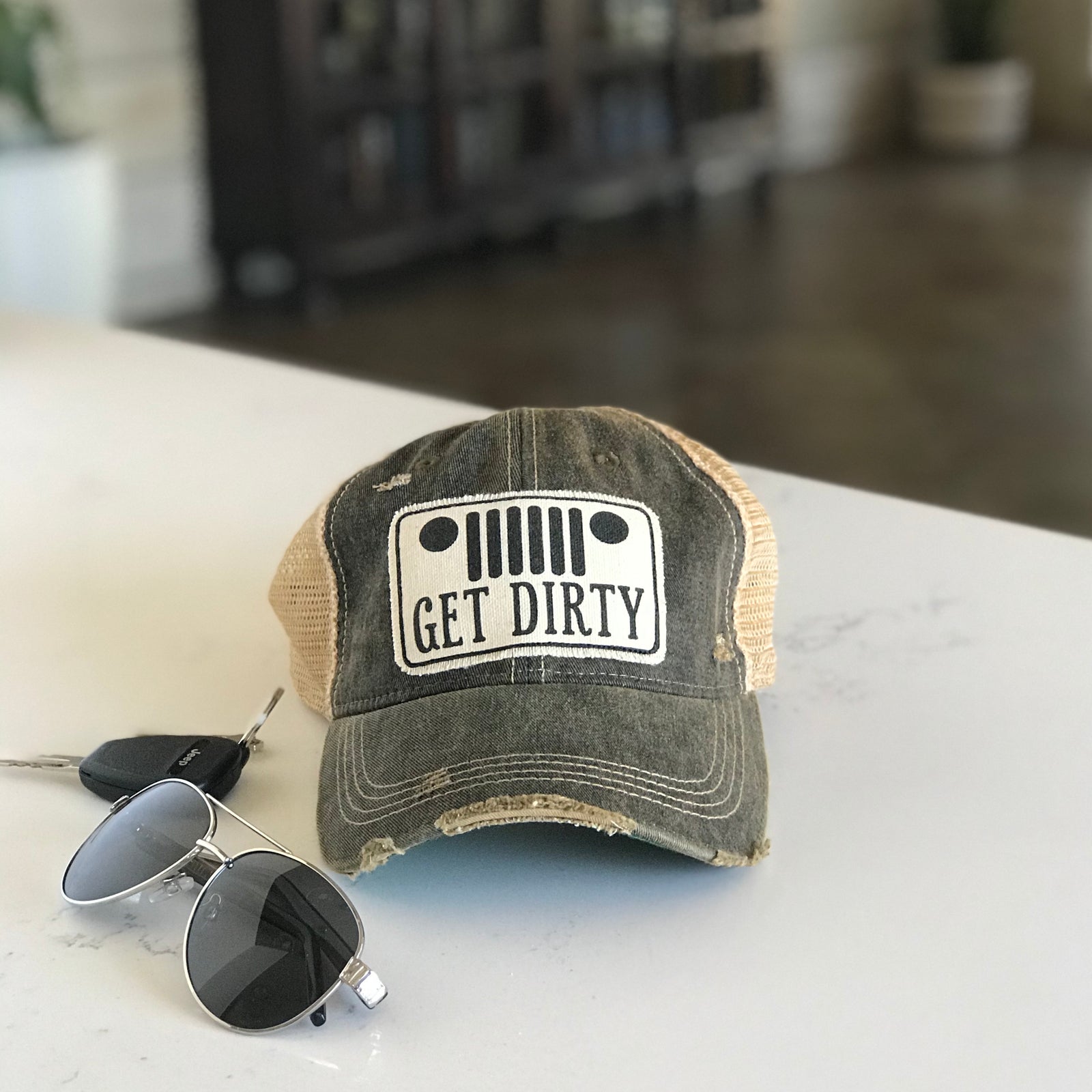 get dirty jeep hat, get dirty vintage style trucker hat, get dirty jeep distressed trucker cap