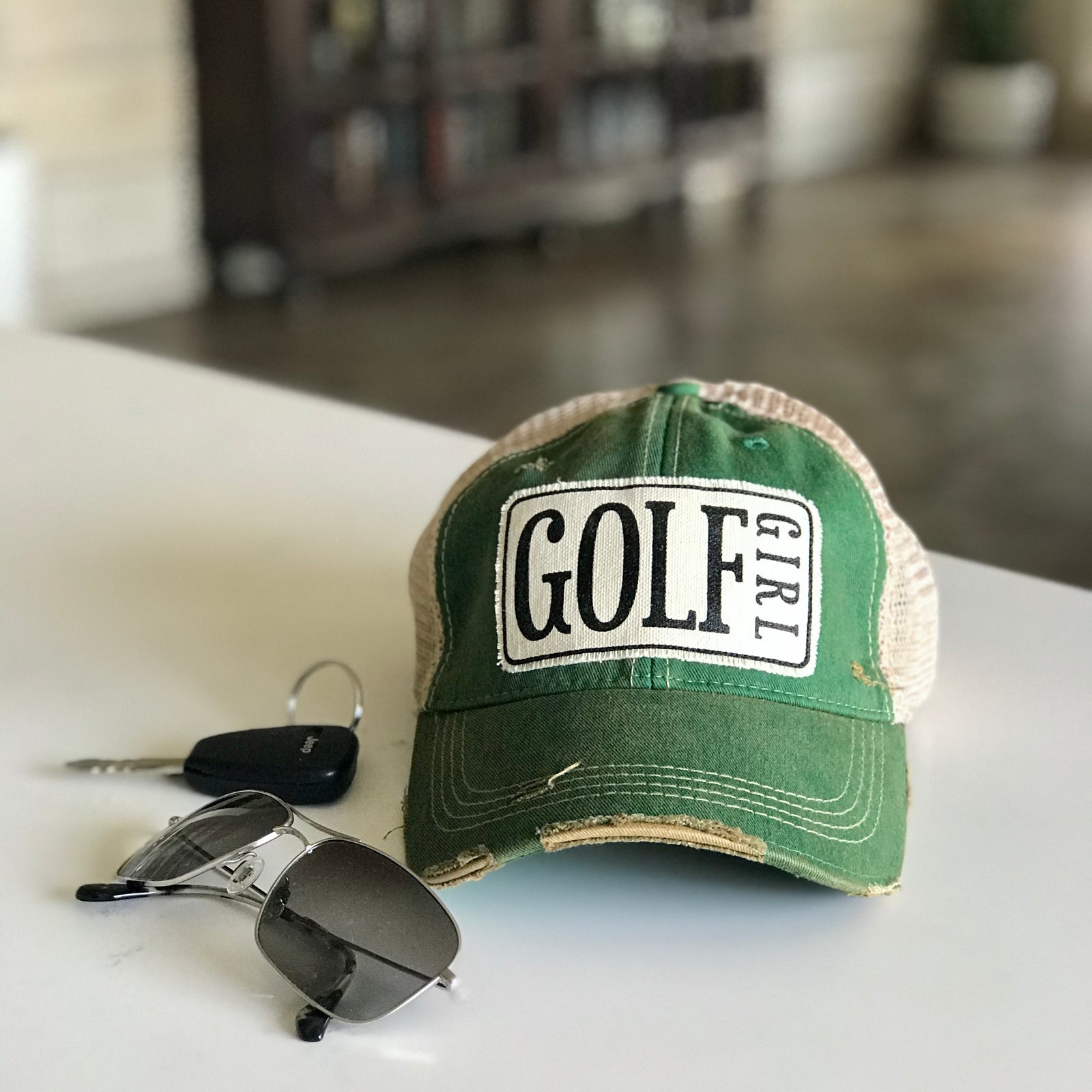 gold girl patched hat, golf girl distressed trucker hat, golf girl vintage style trucker cap, golf girl baseball cap