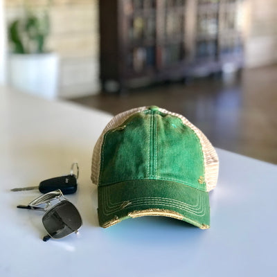 vintage style distressed trucker hat cap green