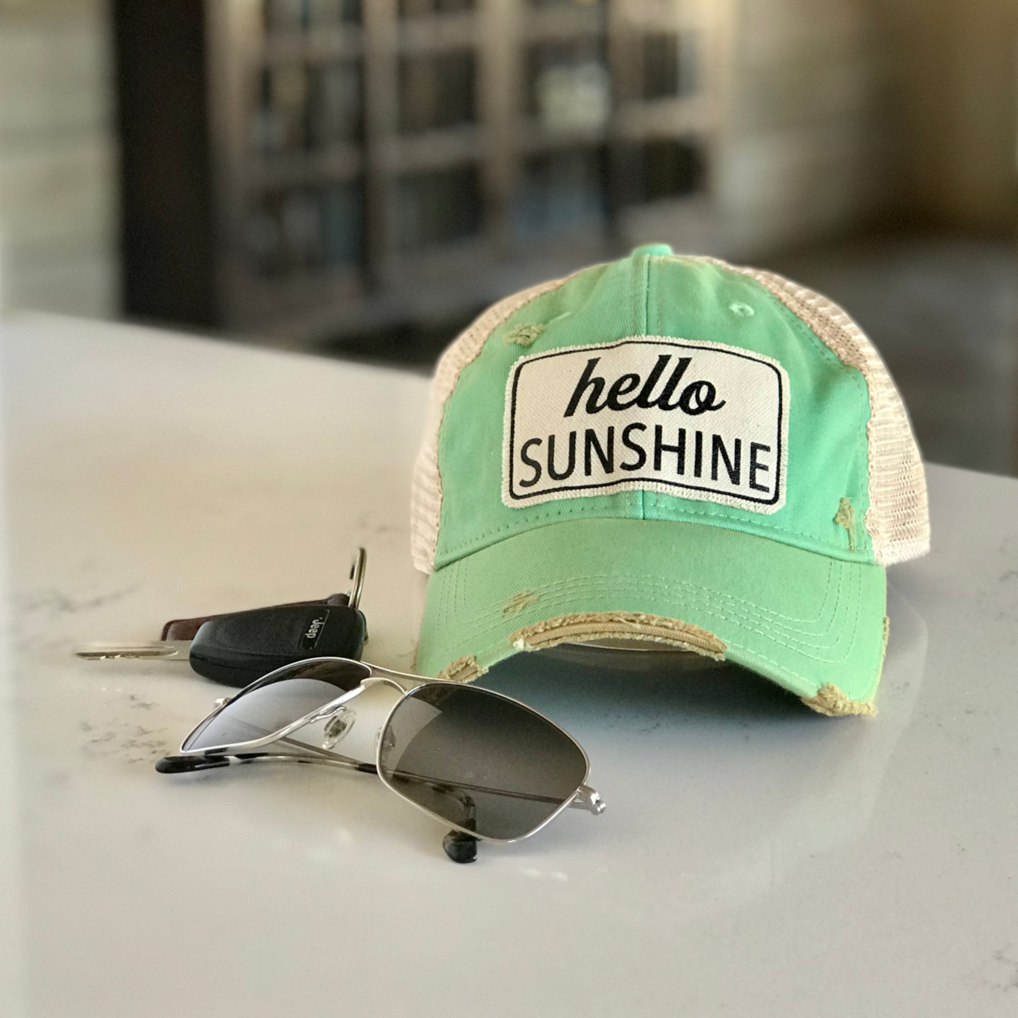 hello sunshine distressed trucker cap, hello sunshine vintage style trucker cap, hello sunshine distressed baseball cap, hello sunshine weather cap, hello sunshine baseball cap