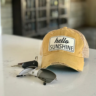 hello sunshine distressed trucker cap, hello sunshine vintage style trucker cap, hello sunshine distressed baseball cap, hello sunshine weather cap, hello sunshine baseball cap