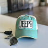 jeep girl distressed trucker hat cap, jeep girl vintage style trucker hat cap, jeep girl baseball cap, aqua
