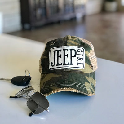 jeep girl distressed trucker hat cap, jeep girl vintage style trucker hat cap, jeep girl baseball cap, jeep girl camo cap