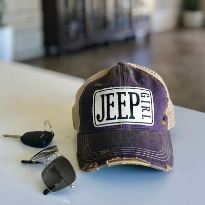 jeep girl distressed trucker hat cap, jeep girl vintage style trucker hat cap, jeep girl baseball cap purple