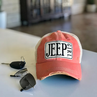jeep girl distressed trucker hat cap, vintage style trucker hat cap, jeep girl baseball cap, jeep girl peach cap