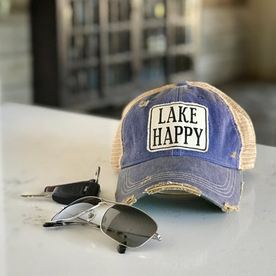 lake happy distressed trucker cap, lake happy vintage style trucker cap, lake happy distressed baseball cap, lake happy weather cap, lake happy baseball cap