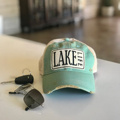 lake life patched distressed trucker hat, lake life vintage style trucker cap, lake girl baseball cap, lake life baseball cap