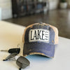 lake life patched distressed trucker hat, lake life vintage style trucker cap, lake girl baseball cap, lake life baseball cap