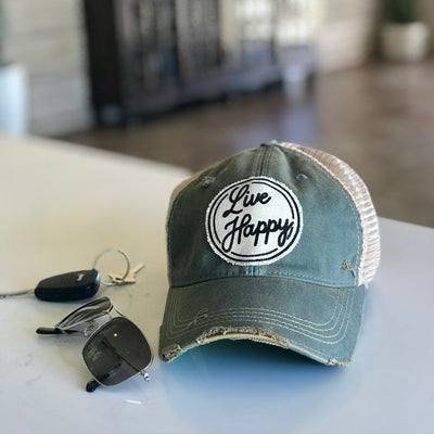 live happy patched cap, live happy distressed trucker hat, live happy vintage style trucker cap, live happy baseball cap, happy hat, happy cap